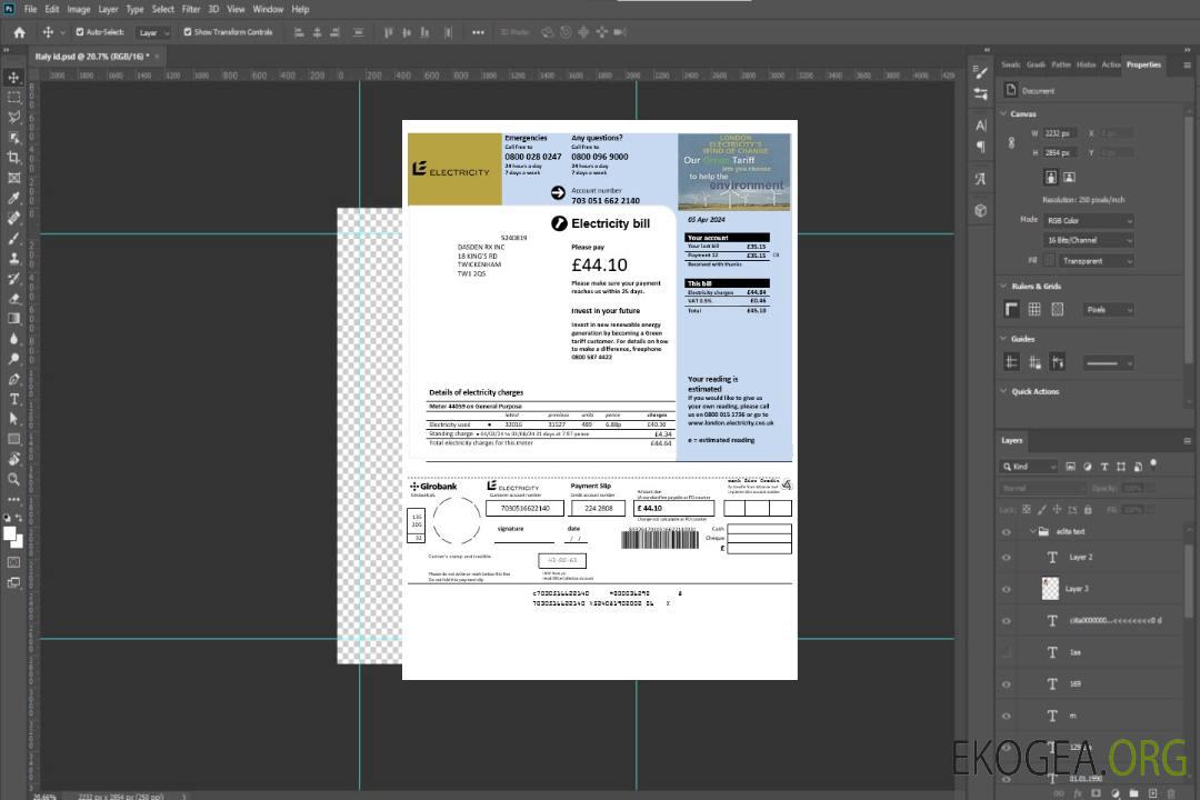 Modèle de facture de services publics d'électricité du Royaume-Uni aux formats Word et PDF template